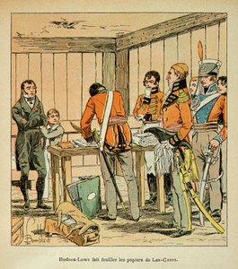 エマニュエル・ド・ラス・ケース伯爵（1766-1842）の著書「サント・ヘレネの記念碑」に掲載されたボンブル・ルイ（1862-1927）のイラスト：ハドソン・ロウ（1769-1844）がラス・ケースの書類を検索させたもの、個人蔵 作： Louis Charles Bombled