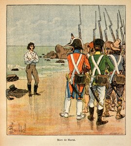 エマニュエル・ドゥ・ラス・カース伯爵（1766-1842）の著書「サント・ヘレネの記念碑」に掲載されたボンブル・ルイ（1862-1927）のイラスト。ヨアヒム・ムラット（1767-1815）の死、個人蔵 作： Louis Charles Bombled