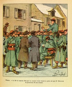ルイ・ボンブルド（1862-1927）の輝かしい「グルネスト」ことウジェーヌ・セルジュの陸軍（独仏戦争、1870-1871年の戦い）を描いた作品。シャニーでは、42日の行進が声楽コンサートで祝われ、大佐であるコレックの昇進を野外で祝う。 作： Louis Charles Bombled