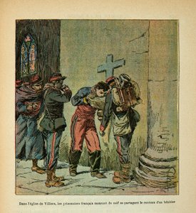 ルイ・ボンブルド（1862-1927）が挿絵を描いたウジェーヌ・セルジェント（グレネスト）の『ロワールの軍隊』（独仏戦争、1870年から1871年のキャンペーン）。ヴィリエの教会で、ベニシエの内容を分けてもらうために喉の渇きで死んでいくフランス人捕虜たち、コレクション・パーシャル 作： Louis Charles Bombled