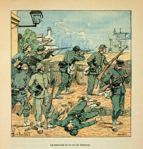 ルイ・ボンブルド（1862-1927）が挿絵を描いたウジェーヌ・セルジェント（グレネスト）の「ロワールの軍隊」（独仏戦争、1870年から1871年のキャンペーン）。1870年10月18日のシャトーダンの戦い、シャルトル通りのバリケード、個人蔵 作： Louis Charles Bombled