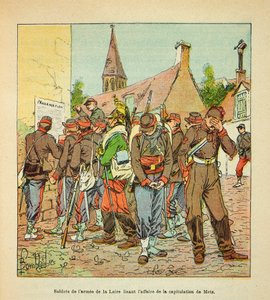 ルイ・ボンブルド（1862-1927）が挿絵を描いたウジェーヌ・セルジェント（グレネスト）の『ロワール軍』（独仏戦争、1870年から1871年のキャンペーン）。メスの降伏の場合を読むロワール軍の兵士たち、コレクション・パーシャル