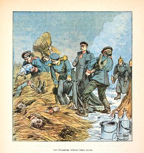 ルイ・ボンブルド（1862-1927）が挿絵を描いたウジェーヌ・セルジェント（グルネスト）の『ロワールの軍隊』（独仏戦争、1870年から1871年のキャンペーン）。プロイセンは1870年の戦争で死者を焼いた、個人蔵 作： Louis Charles Bombled