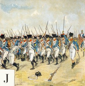 文字J：若き衛兵、"Je serai soldat"(私は兵士になります) - 軍事用アルファベット 作： Louis Charles Bombled
