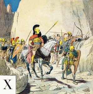 文字X：ギリシャの軍事指導者クセノフォン（紀元前430-355）と彼の軍隊、"Je serai soldat"(Iwill be a soldier)-軍事アルファベット 作： Louis Charles Bombled