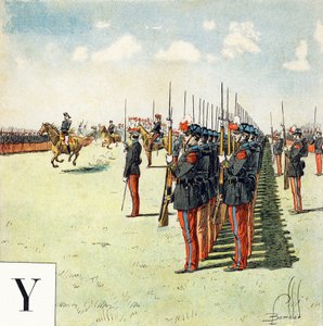 文字Y：サン・シル（Saint-Cyr）の軍事学校の生徒、「Je serai soldat」（私は兵士になります） - 軍事用アルファベット 作： Louis Charles Bombled