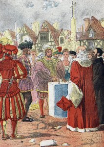 イタリア人建築家ボッカドールが描いたパリ・ホテルの最初の石を、フランス国王フランソワ1世がポーズをとる。 作： Louis Charles Bombled