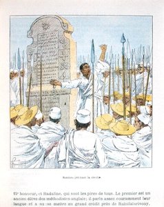 1895年にフランスがマダガスカルを占領した後、フランスへの反乱を説く魔術師たち（19世紀末、D.H.Galli著「La guerre a Madagascar」より）のイラスト（カラーリトグラフ）。 作： Louis Charles Bombled