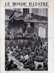 1895年にドイツのブレスラウで開催された社会主義者会議でのアウグスト・ベベル（1840-1913）のスピーチ - 1895年の「The Illustrous World」に掲載されたエングレーヴィング - ボンブルドによるドローイング。 作： Louis Charles Bombled
