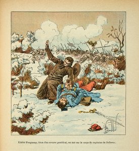 ルイ・ボンブルド（1862-1927）が挿絵を描いたウジェーヌ・セルジャン（グルネスト）の「ロワール軍」（独仏戦争、1870年から1871年のキャンペーン）。ベルビュー大尉の体の上で殺される教皇派ズアベの兄弟、アベ・フーケレー、個人蔵 作： Louis Charles Bombled