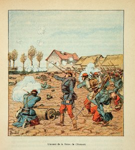 ルイ・ボンブルド（1862-1927）が挿絵を描いたウジェーヌ・セルジェント（グレネスト）の『ロワールの軍隊』（独仏戦争、1870年から1871年のキャンペーン）。1870年11月9日のクルミエの戦い、クレオモン農場でのフランス軍の襲撃、個人蔵