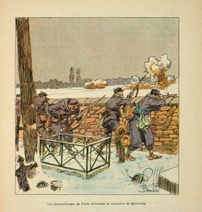 ルイ・ボンブルド（1862-1927）が挿絵を描いたグルネストことユージン・セルジェントの「ロワール軍」（独仏戦争、1870年～1871年のキャンペーン）。1871年1月、モンソルト（アレンコン）の墓地を守るパリのフランス軍の射手たち、個人蔵