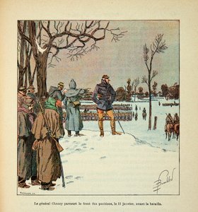 ルイ・ボンブルド（1862-1927）が挿絵を描いたグルネストことウジェーヌ・セルジェントの「ロワールの軍隊」（独仏戦争、1870年から1871年のキャンペーン）。戦闘前の1月11日に陣地の前を移動するチャンジー将軍、個人蔵 作： Louis Charles Bombled