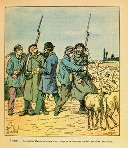 ルイ・ボンブルド（1862-1927）が描いた「グルネストことユージン・セルジュの東部軍」（独仏戦争、1870年から1871年のキャンペーン）。1870年11月、農民に変装したマルタンの機動隊は、2人のプロシア人が連れていた羊の群れを奪ってLangresに向かった、Priv 作： Louis Charles Bombled