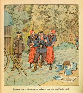ルイ・ボンブルド（1862-1927）が描いたウジェーヌ・セルジャン（グルネスト）の東部軍（独仏戦争、1870-1871年のキャンペーン）。クッシーの戦い、1870年10月、2人のズアーブが負傷したプロシア人を介抱する、コレクション部分