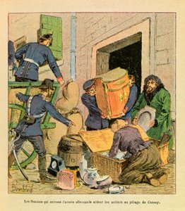ルイ・ボンブルド（1862-1927）が描いたユージン・セルジャン（Grenest）の東部軍（独仏戦争、1870-1871年のキャンペーン）。ドイツ軍に従う女性たちは、187年10月に奪われたクスィーの街を略奪する兵士たちを助けた 作： Louis Charles Bombled