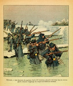 ルイ・ボンブルド（1862-1927）が描いた、グルネストと呼ばれるユージン・セルジュの東部軍（独仏戦争、1870年から1871年のキャンペーン）。1871年1月、ヘリクール、サルダ隊長の猟師たちがリザイン氷に半身を突っ込み、長い間浣腸される。 作： Louis Charles Bombled
