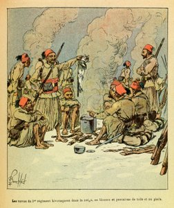 ルイ・ボンブルド（1862-1927）が描いたグルネストと呼ばれるウジェーヌ・セルジュの東部軍（独仏戦争、1870-1871年のキャンペーン）。1871年1月、雪の中でビバークする第1連隊のトルコスたち、キャンバス地のブラウスとズボン、そして裸の料金 作： Louis Charles Bombled