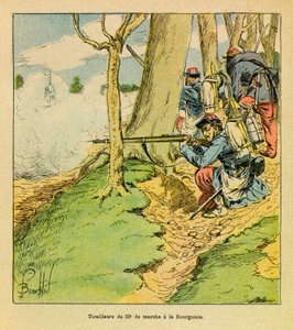 ルイ・ボンブルド（1862-1927）が描いた、グルネストと呼ばれるユージン・セルジュの東部軍（独仏戦争、1870-1871年のキャンペーン）。デュプレ将軍の命令のもと、1870年10月のラ・ブルゴンセの戦いで第32軍の行軍のシューマーであるプリヴァが