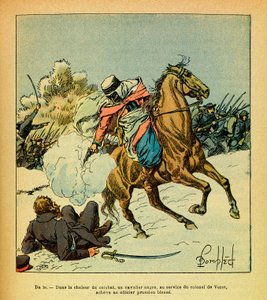ルイ・ボンブルド（1862-1927）が描いた、グルネストと呼ばれるユージン・セルジュの東部軍（独仏戦争、1870-1871年のキャンペーン）。1871年1月、デ・ヴェゼ大佐に仕える黒人騎手がプロシア軍将校の負傷を補う、コレクション・パ 作： Louis Charles Bombled