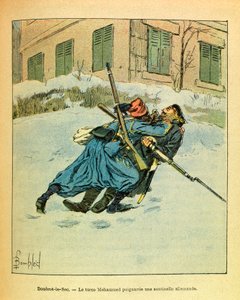 ルイ・ボンブルド（1862-1927）が描いた、グルネストと呼ばれるユージン・セルジュの東部軍（独仏戦争、1870-1871年のキャンペーン）。Dombrot Le Secで、トルコ人モハメッドがドイツ人歩哨を刺す、プライベート・コレクション 作： Louis Charles Bombled