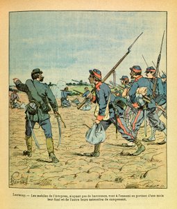 ルイ・ボンブルド（1862-1927）が描いた、グルネストと呼ばれるユージン・セルジュの東部軍（独仏戦争、1870年〜1871年のキャンペーン）。1870年11月のランテネーの戦い、ハヴルサックのないアヴェロンの携帯電話はライフルを担いで敵に向かう 作： Louis Charles Bombled