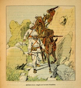 Henri Galli dit Galllichet (1854-1922)著、Louis Bombled (1862-1927)絵による「マダガスカルの戦争-1885-1895年のフランス遠征の逸話史」。1895年のマダガスカルへのアンドリバ街道の山砲隊、個人蔵