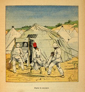 Henri Galli dit Galllichet (1854-1922)著、Louis Bombled (1862-1927)絵による「マダガスカルの戦争-1885-1895年のフランス遠征の逸話史」。1895年のマダガスカルにおける軍事野戦病院、個人蔵 作： Louis Charles Bombled