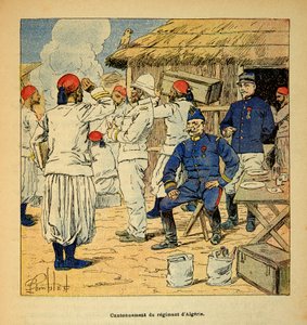 マダガスカルでの戦争-1885年から1895年のフランス遠征の逸話的歴史』Henri Galli dit Galllichet（1854-1922）著、Louis Bombled（1862-1927）絵。1895年のフランスのマダガスカル遠征におけるアルジェリア連隊のカントネーション、P 作： Louis Charles Bombled