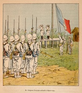 Henri Galli dit Galllichet (1854-1922)著、Louis Bombled (1862-1927)絵による「マダガスカルの戦争-1885-1895年のフランス遠征の逸話史」。1895年にマロヴォアで掲揚されたフランス国旗、個人蔵 作： Louis Charles Bombled