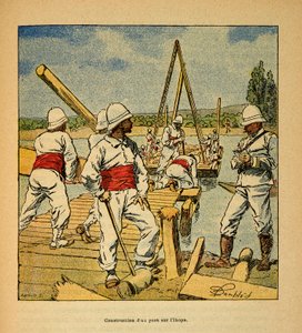 Henri Galli dit Galllichet (1854-1922)著、Louis Bombled (1862-1927)絵による「マダガスカルの戦争-1885-1895年のフランス遠征の逸話史」。1895年、イコパ川の精霊による橋の建設、個人蔵 作： Louis Charles Bombled