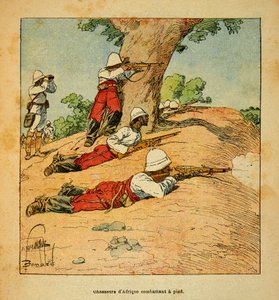 Henri Galli dit Galllichet (1854-1922)著、Louis Bombled (1862-1927)絵による「マダガスカルの戦争-1885-1895年のフランス遠征の逸話」：1895年にマダガスカルで徒歩で戦うアフリカの狩人たち、個人蔵