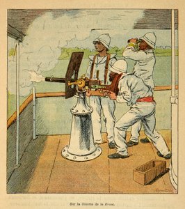 Henri Galli dit Galllichet (1854-1922)著、Louis Bombled (1862-1927)絵による「マダガスカルの戦争-1885-1895年のフランス遠征の逸話史」。1895年、キャノニエール "ラ・ブレイブ "号のホヴァを撃つ大砲、個人蔵