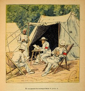 Henri Galli dit Galllichet (1854-1922)著、Louis Bombled (1862-1927)絵による「マダガスカルの戦争-1885-1895年のフランス遠征の逸話」。1895年のマダガスカルでの新聞記者の合宿風景、個人蔵 作： Louis Charles Bombled