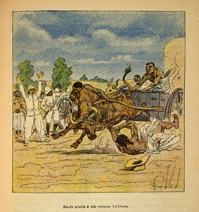 Henri Galli dit Galllichet (1854-1922)著、Louis Bombled (1862-1927)絵による「マダガスカルの戦争-1885-1895年のフランス遠征の逸話史」。Boeufs reached by cars Lefebvre, Private Collection 作： Louis Charles Bombled