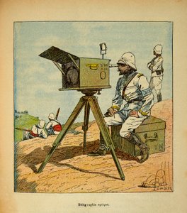 Henri Galli dit Galllichet (1854-1922) 著、Louis Bombled (1862-1927) 絵による「マダガスカルの戦争-1885-1895年のフランス遠征の逸話」。1895年の光学式電信機、個人蔵 作： Louis Charles Bombled