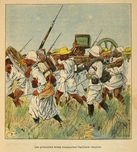 Henri Galli dit Galllichet (1854-1922)著、Louis Bombled (1862-1927)絵による「マダガスカルの戦争-1885-1895年のフランス遠征の逸話史」。砲弾の運搬に使われた囚人用ホヴァ、個人蔵 作： Louis Charles Bombled