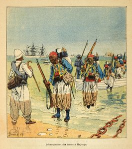 Henri Galli dit Galllichet (1854-1922)著、Louis Bombled (1862-1927)絵による「マダガスカルの戦争-1885-1895年のフランス遠征の逸話史」。Debarquement des Turcos a Majunga, 個人蔵 作： Louis Charles Bombled