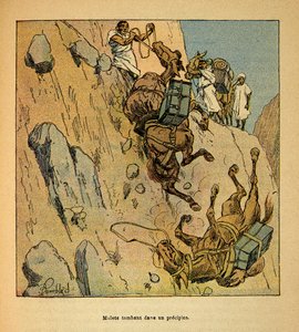 Henri Galli dit Galllichet（1854-1922）著、Louis Bombled（1862-1927）絵による「マダガスカルの戦争-1885-1895年のフランス遠征の逸話史」。断崖絶壁に落ちる軍事護衛隊のミュール、Particular Collection 作： Louis Charles Bombled