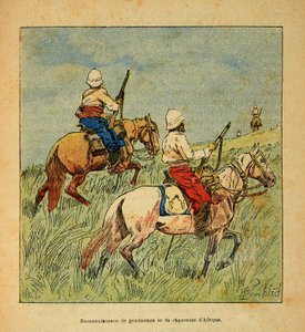 Henri Galli dit Galllichet (1854-1922)著、Louis Bombled (1862-1927)絵による「マダガスカルの戦争-1885-1895年のフランス遠征の逸話」。1895年のマダガスカルにおけるアフリカからのジャンダルムと猟師の認識、個人蔵