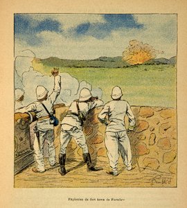 Henri Galli dit Galllichet (1854-1922)著、Louis Bombled (1862-1927)絵による「マダガスカルの戦争-1885-1895年のフランス遠征の逸話史」。1895年、ファラファテのホヴァ砦の爆発、個人蔵 作： Louis Charles Bombled