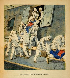 Henri Galli dit Galllichet (1854-1922)著、Louis Bombled (1862-1927)絵の「マダガスカルの戦争-1885-1895年のフランス遠征の逸話」です。1895年にマダガスカルから来た病院船 "シャムロック "の病人部隊がアルジェに向けて出発したときの様子。 作： Louis Charles Bombled