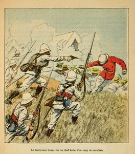 Henri Galli dit Galllichet (1854-1922)著、Louis Bombled (1862-1927)絵の「マダガスカルの戦争-1885-1895年のフランス遠征の逸話史」。1895年のツァラサオトラの戦いでホヴァ族の酋長を殺害するグリス中尉、Private Collectio