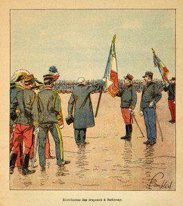 Henri Galli dit Galllichet (1854-1922)著、Louis Bombled (1862-1927)絵による「マダガスカルの戦争-1885-1895年のフランス遠征の逸話史」。1895年にマダガスカルに向けて出発する部隊へのサトナイでの旗の配布（pres 作： Louis Charles Bombled