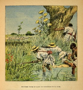 Henri Galli dit Galllichet（1854-1922）著、Louis Bombled（1862-1927）絵による「マダガスカルの戦争-1885-1895年のフランス遠征の逸話」：1895年に道路を建設する軍部を攻撃するホヴァス・ティライユール、個人蔵 作： Louis Charles Bombled