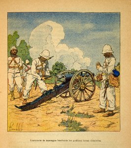 Henri Galli dit Galllichet (1854-1922)著、Louis Bombled (1862-1927)絵による「マダガスカルの戦争-1885-1895年のフランス遠征の逸話史」。1895年、Hovas a Andribaの陣地を砲撃する山砲隊、個人蔵