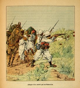 Henri Galli dit Galllichet (1854-1922)著、Louis Bombled (1862-1927)絵による「マダガスカルの戦争-1885-1895年のフランス遠征の逸話史」。ファハヴォロス族による護衛艦の襲撃、個人蔵