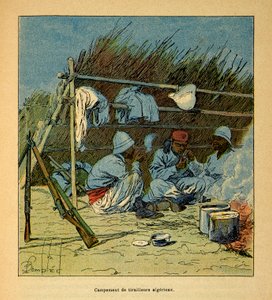 Henri Galli dit Galllichet (1854-1922)著、Louis Bombled (1862-1927)絵による「マダガスカルの戦争-1885-1895年のフランス遠征の逸話史」。1895年のマダガスカルにおけるアルジェリア人のキャンプ、個人蔵 作： Louis Charles Bombled