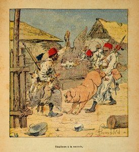 Henri Galli dit Galllichet (1854-1922) 著、Louis Bombled (1862-1927) 絵による「マダガスカルの戦争-1885-1895年のフランス遠征の逸話史」。農場でのティライユの略奪行為、個人蔵 作： Louis Charles Bombled