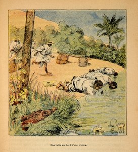 Henri Galli dit Galllichet (1854-1922)著、Louis Bombled (1862-1927)絵による「マダガスカルの戦争-1885-1895年のフランス遠征の逸話史」。1895年の川辺での停泊風景、個人蔵 作： Louis Charles Bombled